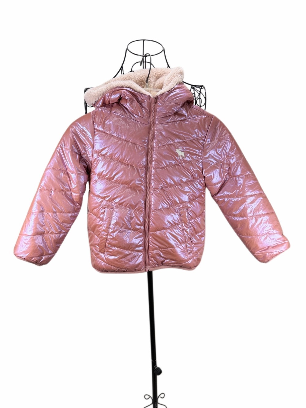 Abercrombie Kids Girls 5/6 Reversible Pink Puffer Sherpa Hooded Jacket Coat